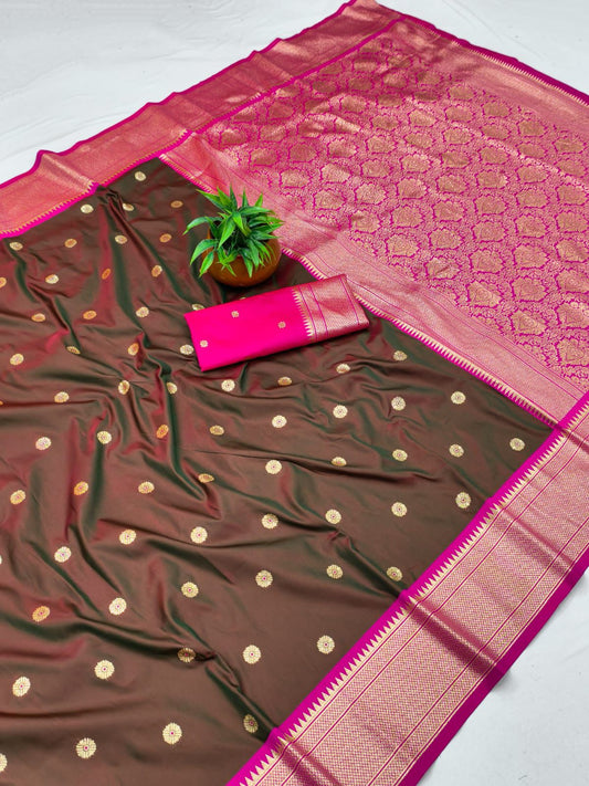 SA-7076  SOFT SILK SAREE WITH RICH PALLU DESIGN WITH BEAUTIFUL BANARASI JAREE AND CONTRAST BORDER AND PALLU WITH BUTTIDESIGN AND BUTTI BLOUSE