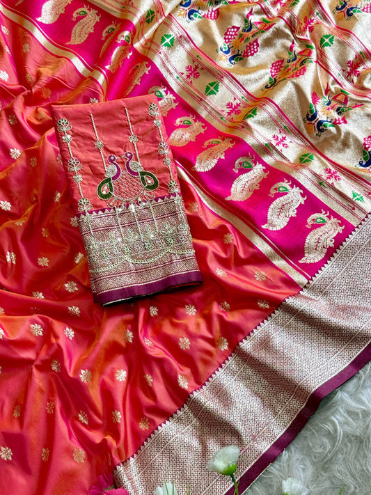 SA-7085 (WITH BOX) SOFT SILK SAREE WITH BEAUTIFUL PAITHANI BORDER WITH MEENA PALLU AND WITH EMBROIDERY WORK BLOUSE