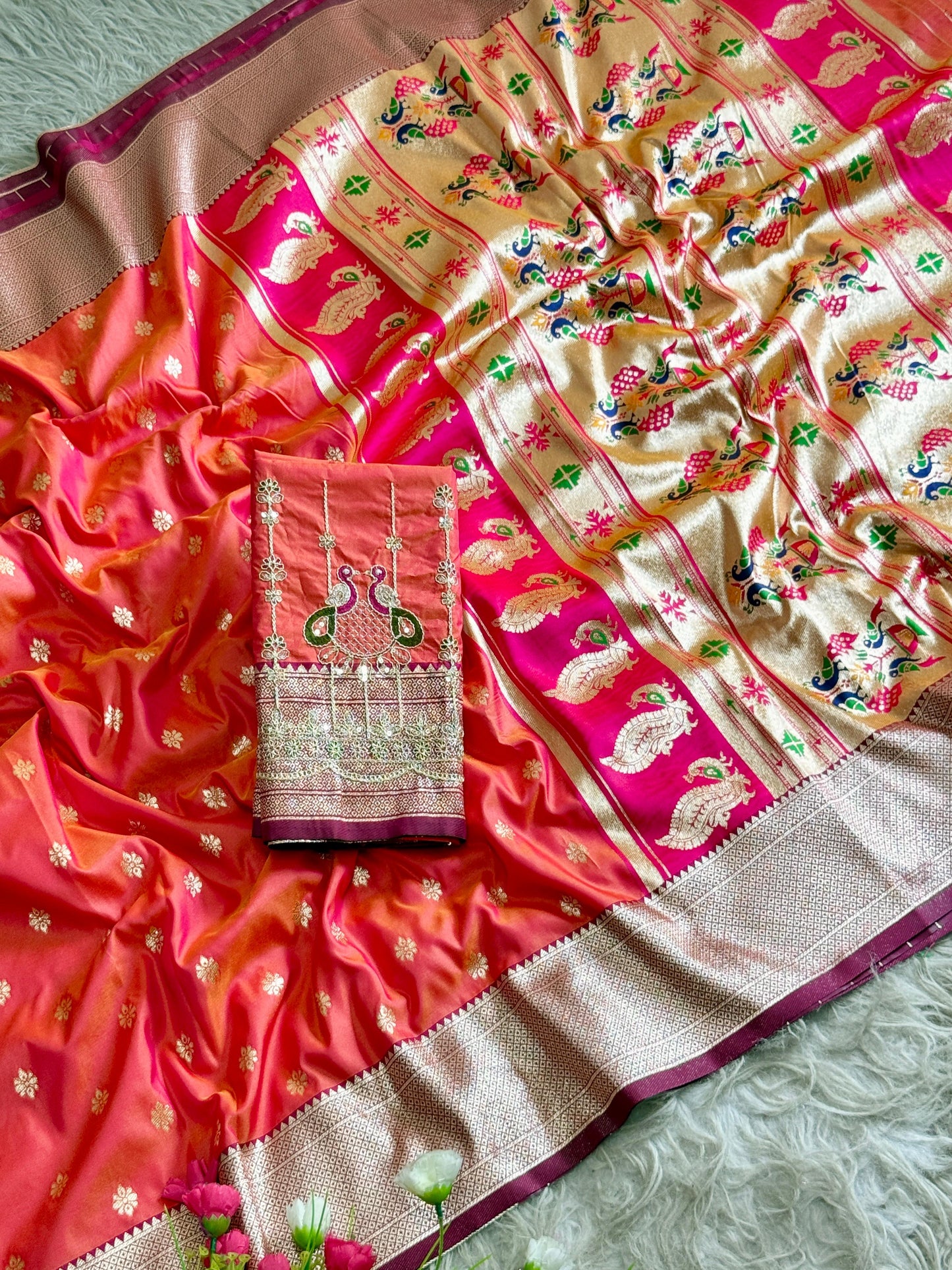 SA-7085 (WITH BOX) SOFT SILK SAREE WITH BEAUTIFUL PAITHANI BORDER WITH MEENA PALLU AND WITH EMBROIDERY WORK BLOUSE