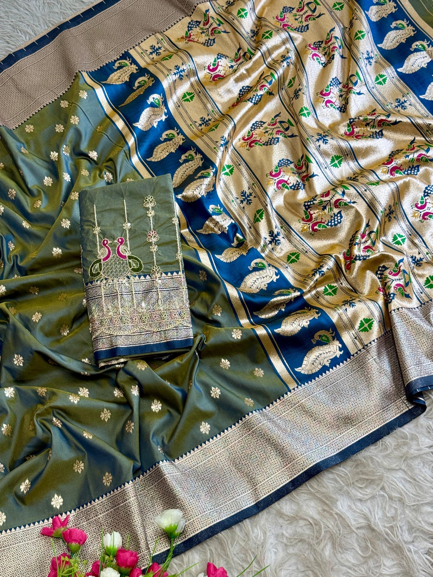 SA-7085 (WITH BOX) SOFT SILK SAREE WITH BEAUTIFUL PAITHANI BORDER WITH MEENA PALLU AND WITH EMBROIDERY WORK BLOUSE