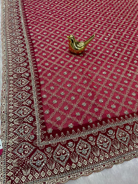 BS-WHATSAPP-2 FENDI BARIC SAREE WITH PREMIUM HEAVY EMBROIDERY WORK WITH HEAVY DIAMOND WORK ALL OVER
