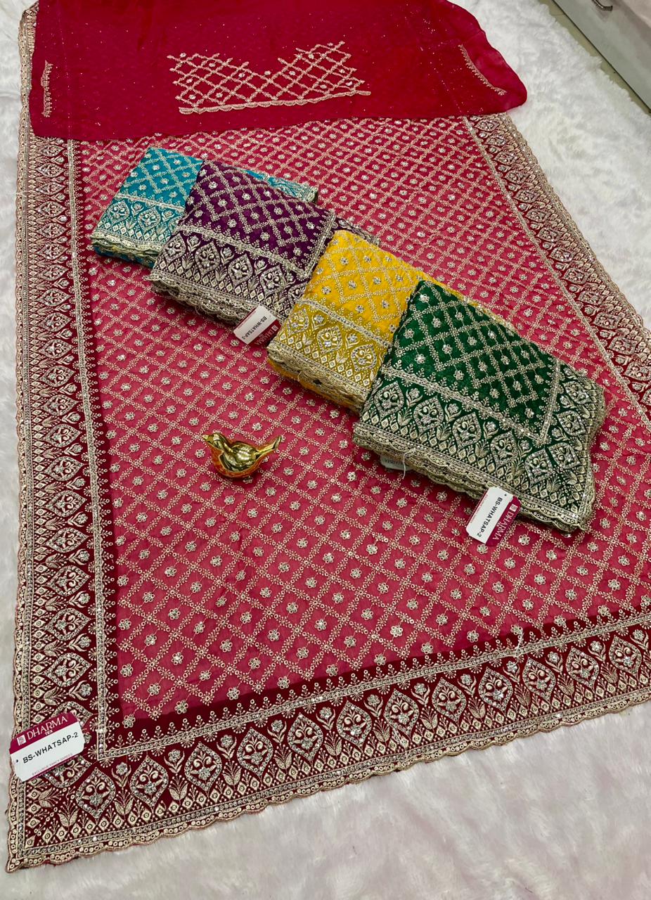 BS-WHATSAPP-2 FENDI BARIC SAREE WITH PREMIUM HEAVY EMBROIDERY WORK WITH HEAVY DIAMOND WORK ALL OVER