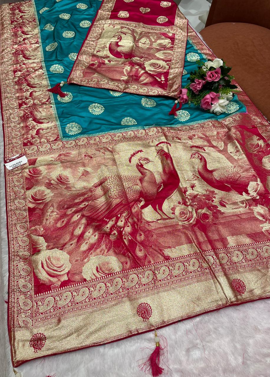 AJ-DILRUBA DUPATTA SATIN SILK FABRIC SAREE WITH RICH PALLU DEISGN WITH BEAUTIFUL PEACOCK DESIGN ON PALLU WITH TRENDING SAREE WITH BUTTI BLOUSE AND DUPPTTA WITH LUXURIOUS TASSELS