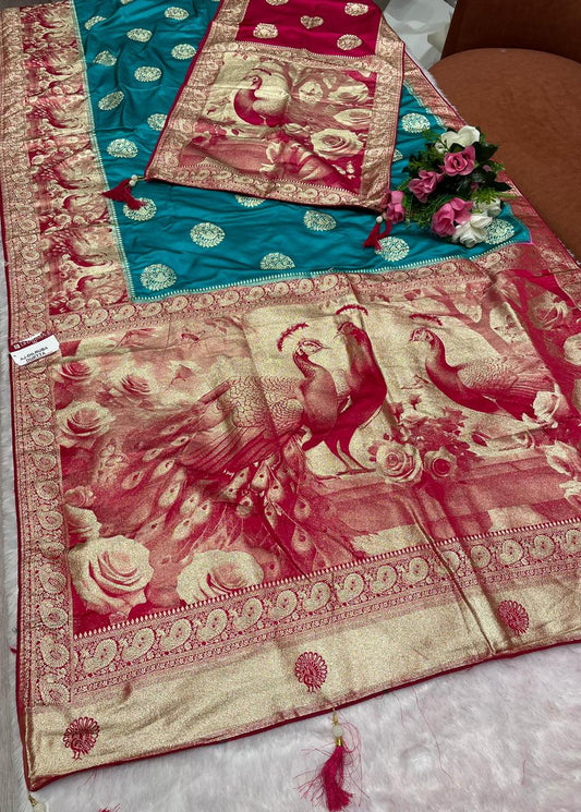 AJ-DILRUBA DUPATTA SATIN SILK FABRIC SAREE WITH RICH PALLU DEISGN WITH BEAUTIFUL PEACOCK DESIGN ON PALLU WITH TRENDING SAREE WITH BUTTI BLOUSE AND DUPPTTA WITH LUXURIOUS TASSELS