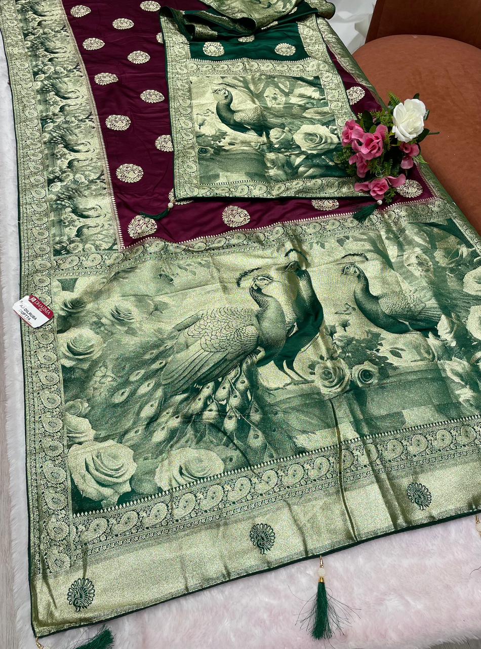 AJ-DILRUBA DUPATTA SATIN SILK FABRIC SAREE WITH RICH PALLU DEISGN WITH BEAUTIFUL PEACOCK DESIGN ON PALLU WITH TRENDING SAREE WITH BUTTI BLOUSE AND DUPPTTA WITH LUXURIOUS TASSELS