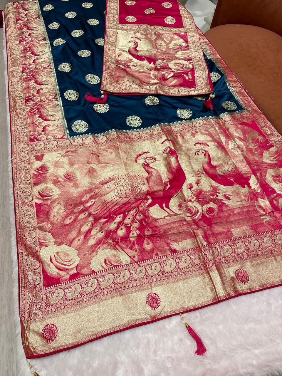 AJ-DILRUBA DUPATTA SATIN SILK FABRIC SAREE WITH RICH PALLU DEISGN WITH BEAUTIFUL PEACOCK DESIGN ON PALLU WITH TRENDING SAREE WITH BUTTI BLOUSE AND DUPPTTA WITH LUXURIOUS TASSELS