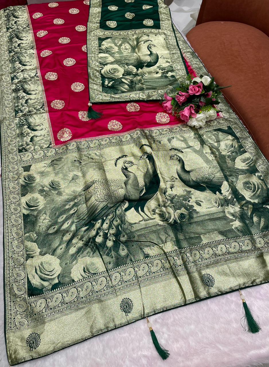 AJ-DILRUBA DUPATTA SATIN SILK FABRIC SAREE WITH RICH PALLU DEISGN WITH BEAUTIFUL PEACOCK DESIGN ON PALLU WITH TRENDING SAREE WITH BUTTI BLOUSE AND DUPPTTA WITH LUXURIOUS TASSELS