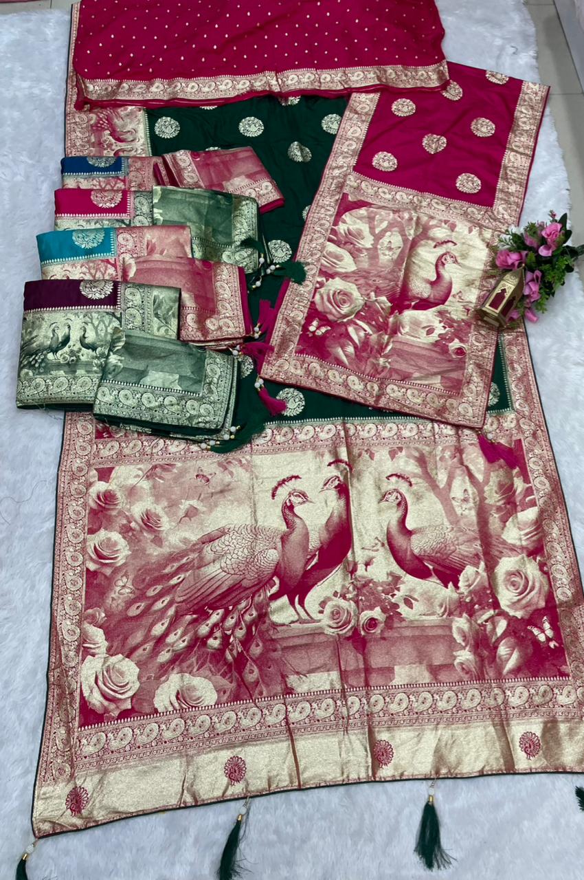 AJ-DILRUBA DUPATTA SATIN SILK FABRIC SAREE WITH RICH PALLU DEISGN WITH BEAUTIFUL PEACOCK DESIGN ON PALLU WITH TRENDING SAREE WITH BUTTI BLOUSE AND DUPPTTA WITH LUXURIOUS TASSELS