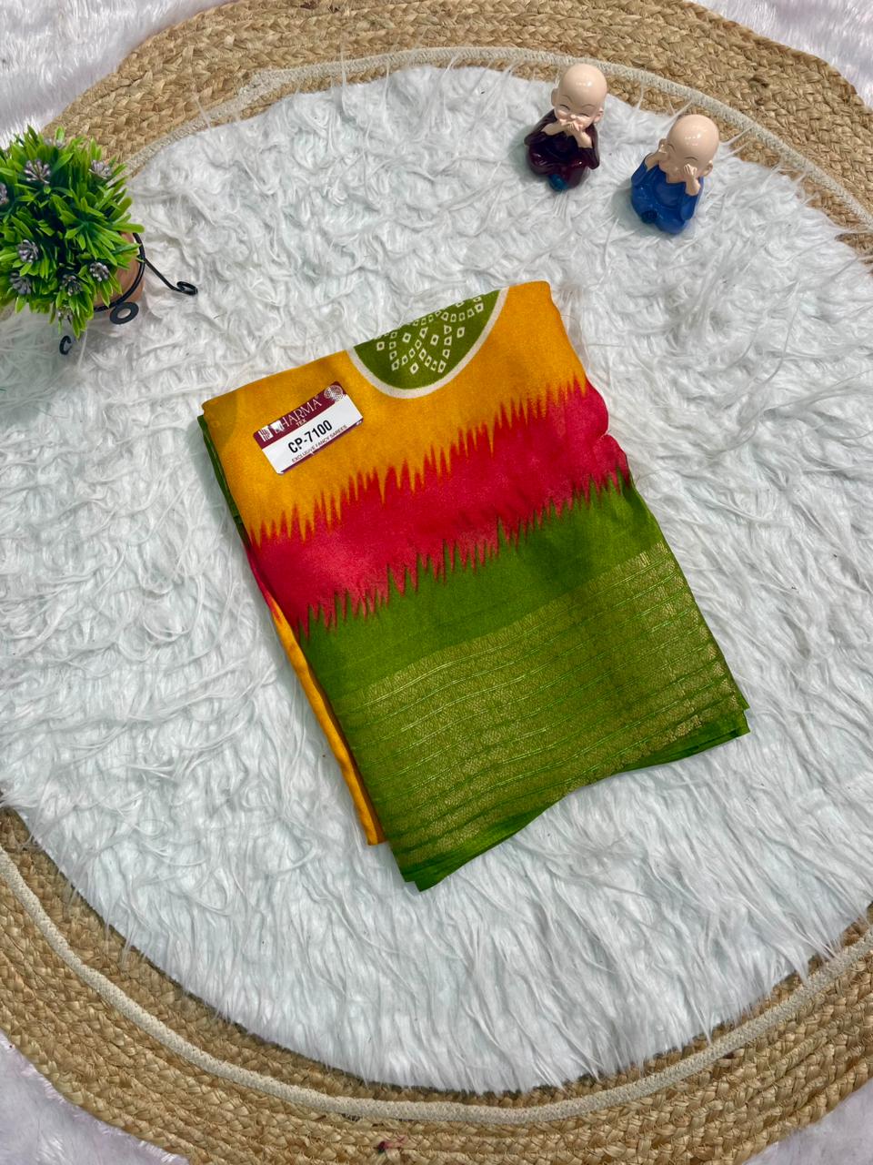CP-7100 MARSMALLOW FABRIC SAREE WITH BEAUTIFUL BANDANI PRINT WITH MULTI COLOUR IN SAREE WITH BLOUSE