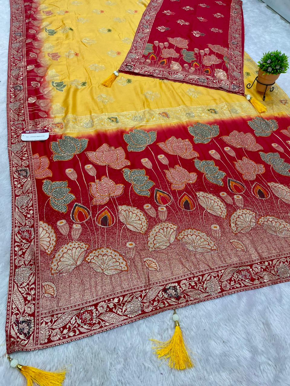 AJ-LOTUS DUPPATA D DOLA SILK FABRIC SAREE WITH BEAUTIFUL FLOWER DESIGN PALLU WITH DMC SIROSKI WORK WITH CHAAP DYING WITH DUPATTA AND BORDER WITH HEAVY BLOUSE