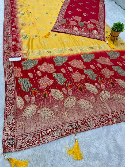 AJ-LOTUS DUPPATA D DOLA SILK FABRIC SAREE WITH BEAUTIFUL FLOWER DESIGN PALLU WITH DMC SIROSKI WORK WITH CHAAP DYING WITH DUPATTA AND BORDER WITH HEAVY BLOUSE