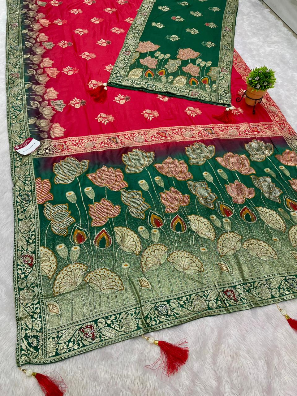 AJ-LOTUS DUPPATA D DOLA SILK FABRIC SAREE WITH BEAUTIFUL FLOWER DESIGN PALLU WITH DMC SIROSKI WORK WITH CHAAP DYING WITH DUPATTA AND BORDER WITH HEAVY BLOUSE