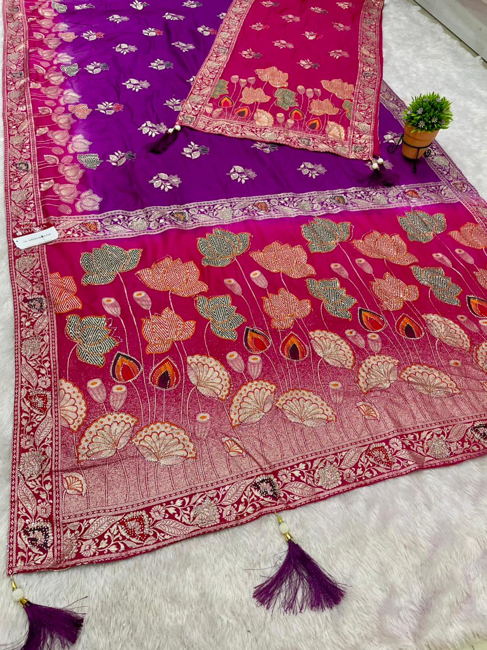 AJ-LOTUS DUPPATA D DOLA SILK FABRIC SAREE WITH BEAUTIFUL FLOWER DESIGN PALLU WITH DMC SIROSKI WORK WITH CHAAP DYING WITH DUPATTA AND BORDER WITH HEAVY BLOUSE
