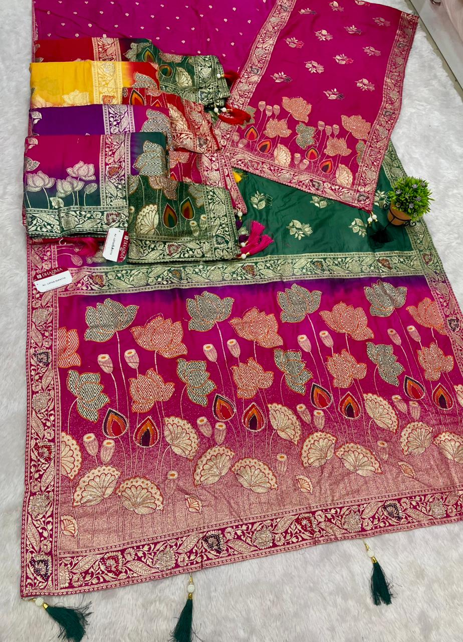 AJ-LOTUS DUPPATA D DOLA SILK FABRIC SAREE WITH BEAUTIFUL FLOWER DESIGN PALLU WITH DMC SIROSKI WORK WITH CHAAP DYING WITH DUPATTA AND BORDER WITH HEAVY BLOUSE
