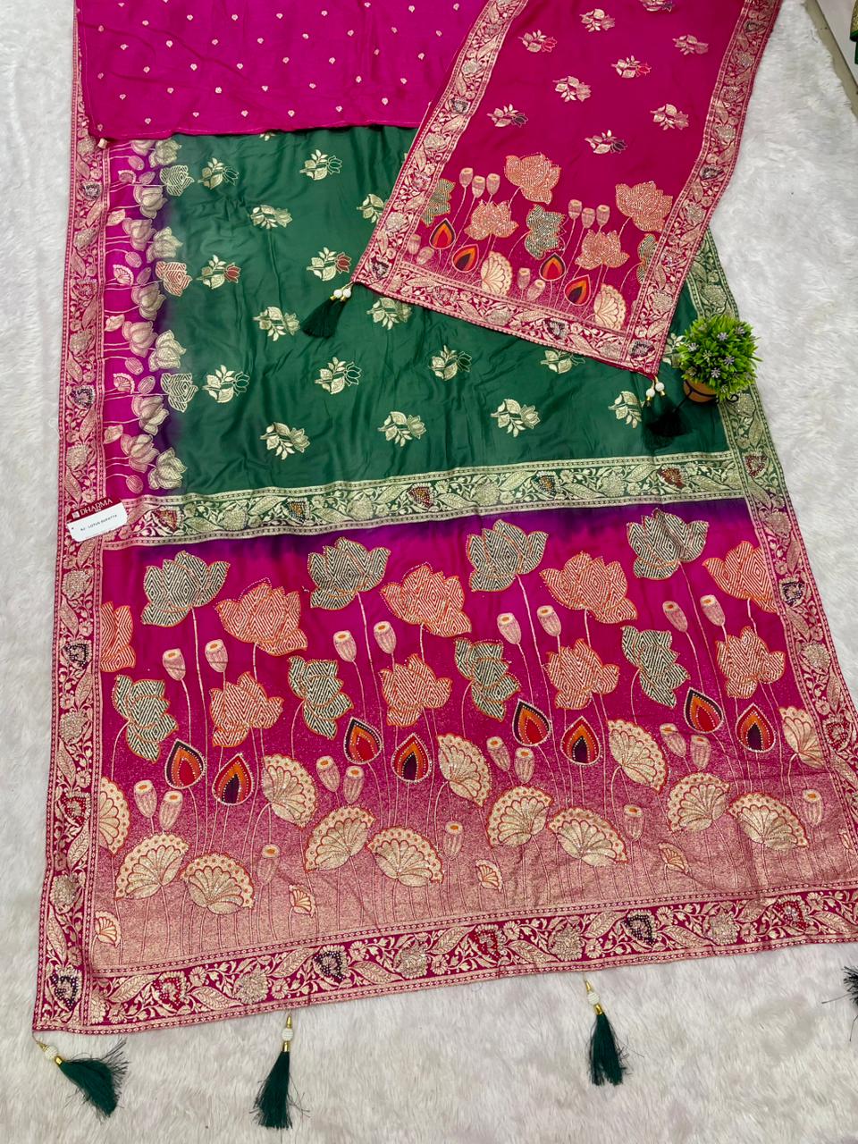 AJ-LOTUS DUPPATA D DOLA SILK FABRIC SAREE WITH BEAUTIFUL FLOWER DESIGN PALLU WITH DMC SIROSKI WORK WITH CHAAP DYING WITH DUPATTA AND BORDER WITH HEAVY BLOUSE