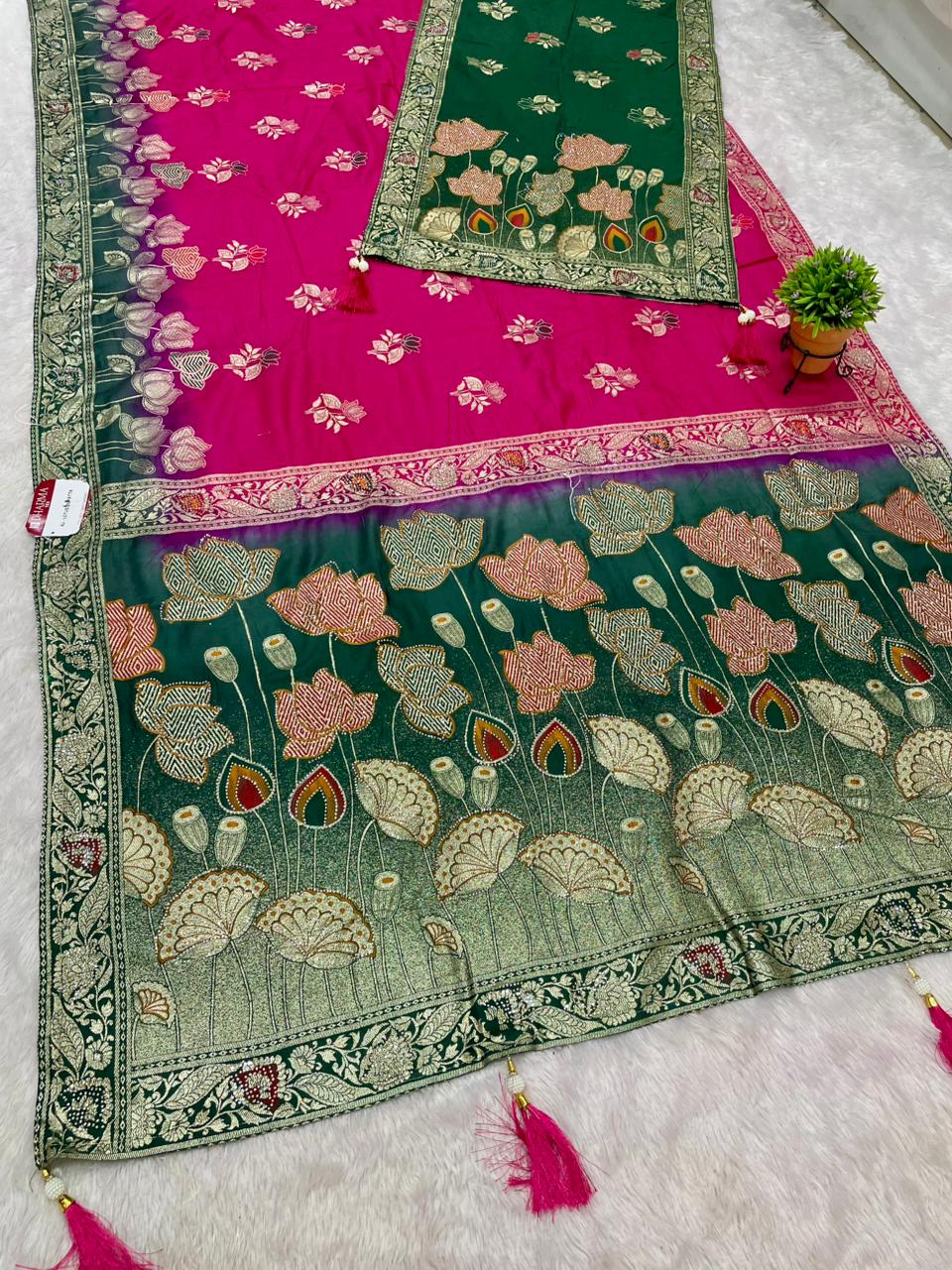 AJ-LOTUS DUPPATA D DOLA SILK FABRIC SAREE WITH BEAUTIFUL FLOWER DESIGN PALLU WITH DMC SIROSKI WORK WITH CHAAP DYING WITH DUPATTA AND BORDER WITH HEAVY BLOUSE