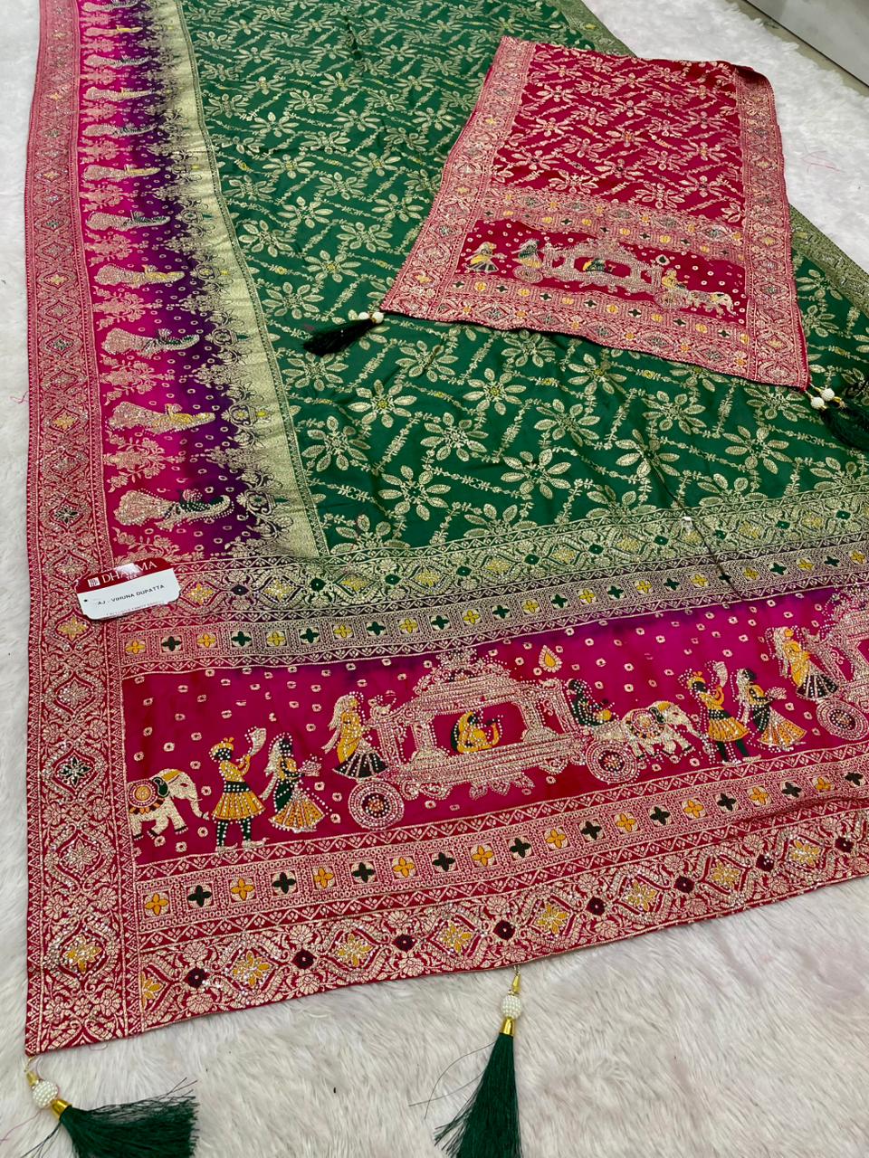AJ-VIHUNA-DUPATTA DOLA SILK SAREE WITH BEAUTIFUL RATH DESIGN PALLU WITH DMC SIROSKI WORK WITH CHAAP DYING WITH DUPATTA AND CONTRAST BORDER AND BLOUSE