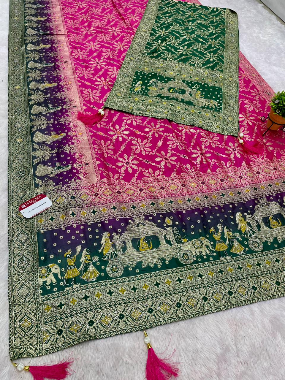 AJ-VIHUNA-DUPATTA DOLA SILK SAREE WITH BEAUTIFUL RATH DESIGN PALLU WITH DMC SIROSKI WORK WITH CHAAP DYING WITH DUPATTA AND CONTRAST BORDER AND BLOUSE