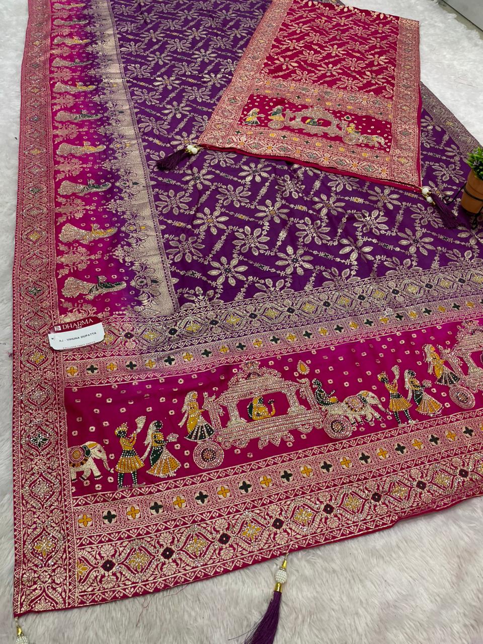 AJ-VIHUNA-DUPATTA DOLA SILK SAREE WITH BEAUTIFUL RATH DESIGN PALLU WITH DMC SIROSKI WORK WITH CHAAP DYING WITH DUPATTA AND CONTRAST BORDER AND BLOUSE
