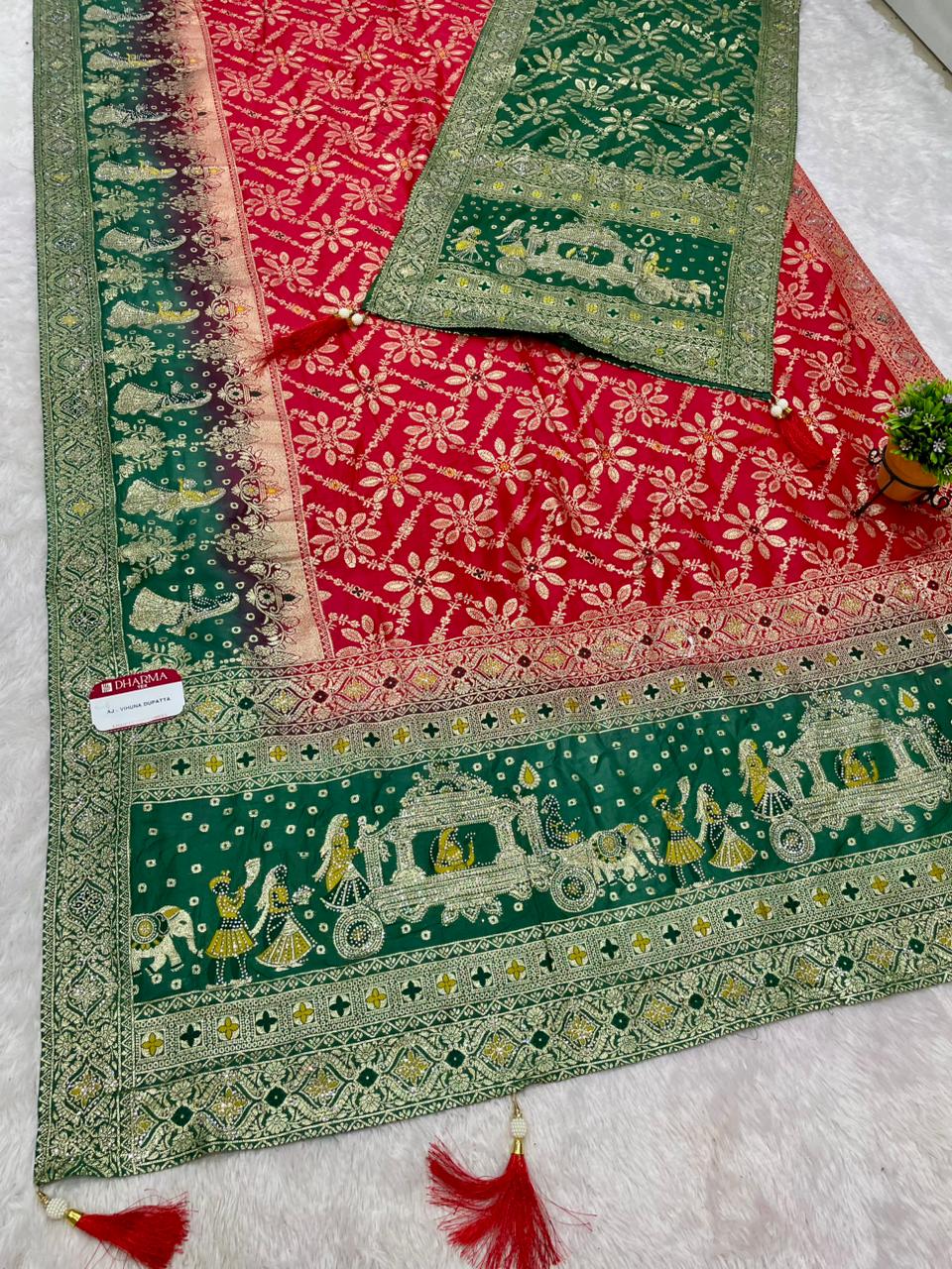 AJ-VIHUNA-DUPATTA DOLA SILK SAREE WITH BEAUTIFUL RATH DESIGN PALLU WITH DMC SIROSKI WORK WITH CHAAP DYING WITH DUPATTA AND CONTRAST BORDER AND BLOUSE