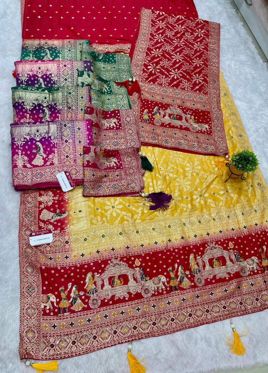 AJ-VIHUNA-DUPATTA DOLA SILK SAREE WITH BEAUTIFUL RATH DESIGN PALLU WITH DMC SIROSKI WORK WITH CHAAP DYING WITH DUPATTA AND CONTRAST BORDER AND BLOUSE