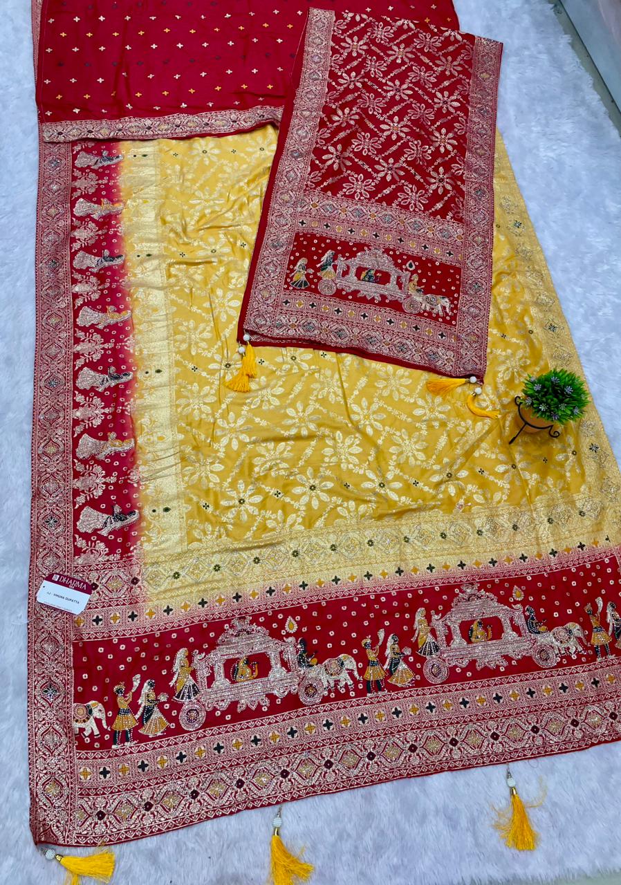 AJ-VIHUNA-DUPATTA DOLA SILK SAREE WITH BEAUTIFUL RATH DESIGN PALLU WITH DMC SIROSKI WORK WITH CHAAP DYING WITH DUPATTA AND CONTRAST BORDER AND BLOUSE