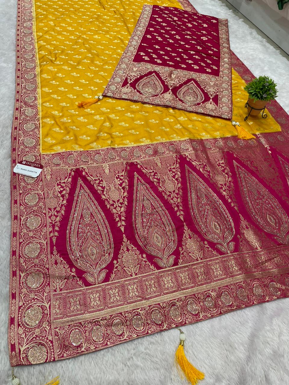 AJ-RAKHI DUPPATA  DOLA SILK SAREE WITH BEAUTIFUL RATH DESIGN PALLU WITH DMC SIROSKI WORK WITH CHAAP DYING WITH DUPATTA AND CONTRAST BORDER AND BLOUSE