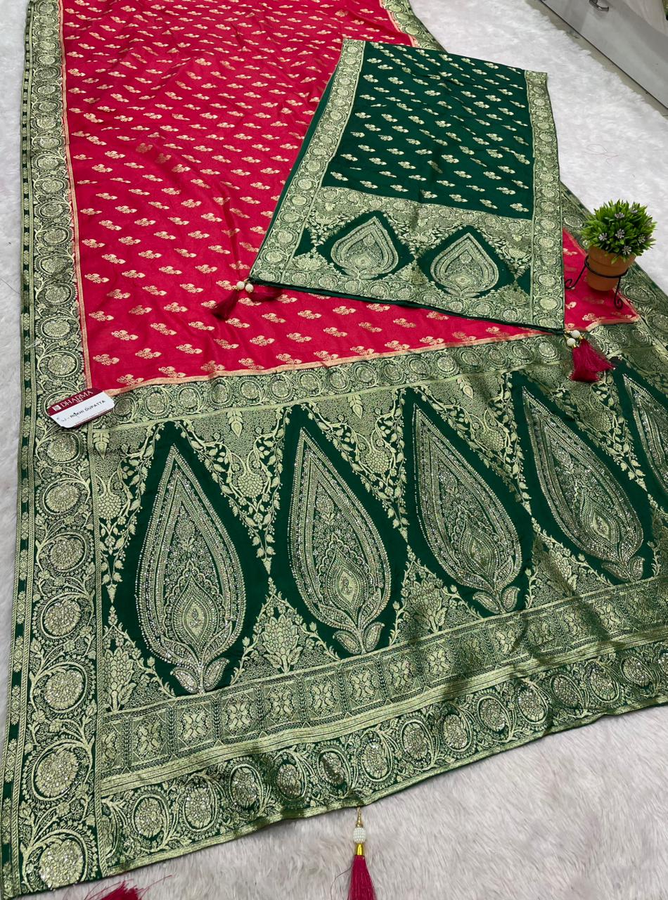 AJ-RAKHI DUPPATA  DOLA SILK SAREE WITH BEAUTIFUL RATH DESIGN PALLU WITH DMC SIROSKI WORK WITH CHAAP DYING WITH DUPATTA AND CONTRAST BORDER AND BLOUSE