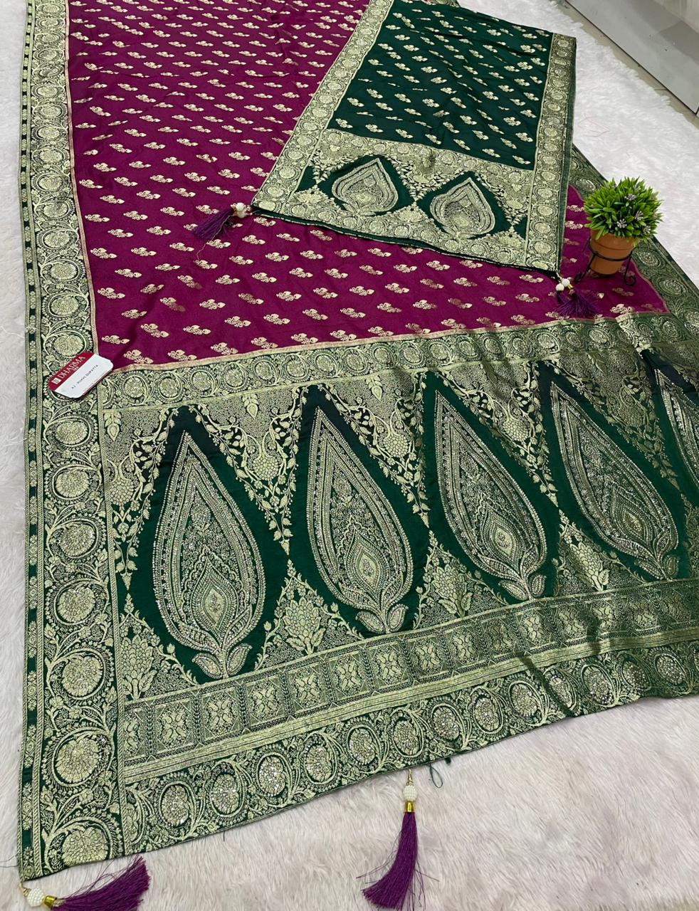 AJ-RAKHI DUPPATA  DOLA SILK SAREE WITH BEAUTIFUL RATH DESIGN PALLU WITH DMC SIROSKI WORK WITH CHAAP DYING WITH DUPATTA AND CONTRAST BORDER AND BLOUSE