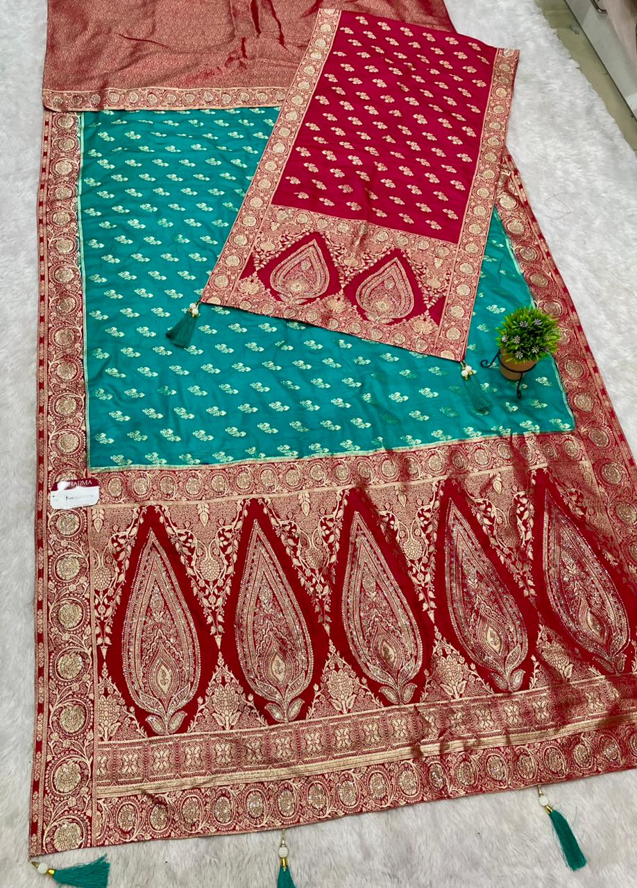 AJ-RAKHI DUPPATA  DOLA SILK SAREE WITH BEAUTIFUL RATH DESIGN PALLU WITH DMC SIROSKI WORK WITH CHAAP DYING WITH DUPATTA AND CONTRAST BORDER AND BLOUSE