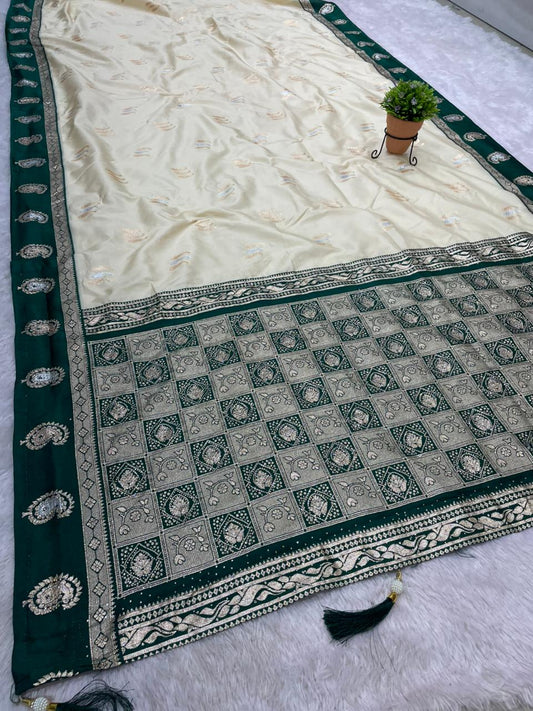 AJ-MANGO BITE SOFT SILK FABRIC SAREE WITH SATIN BORDER WITH RICH PALLU DESIGN WITH DIAMOND WORK WITH WHITE COMMON BODY WITH CONTRAST BORDER AND BLOUSE