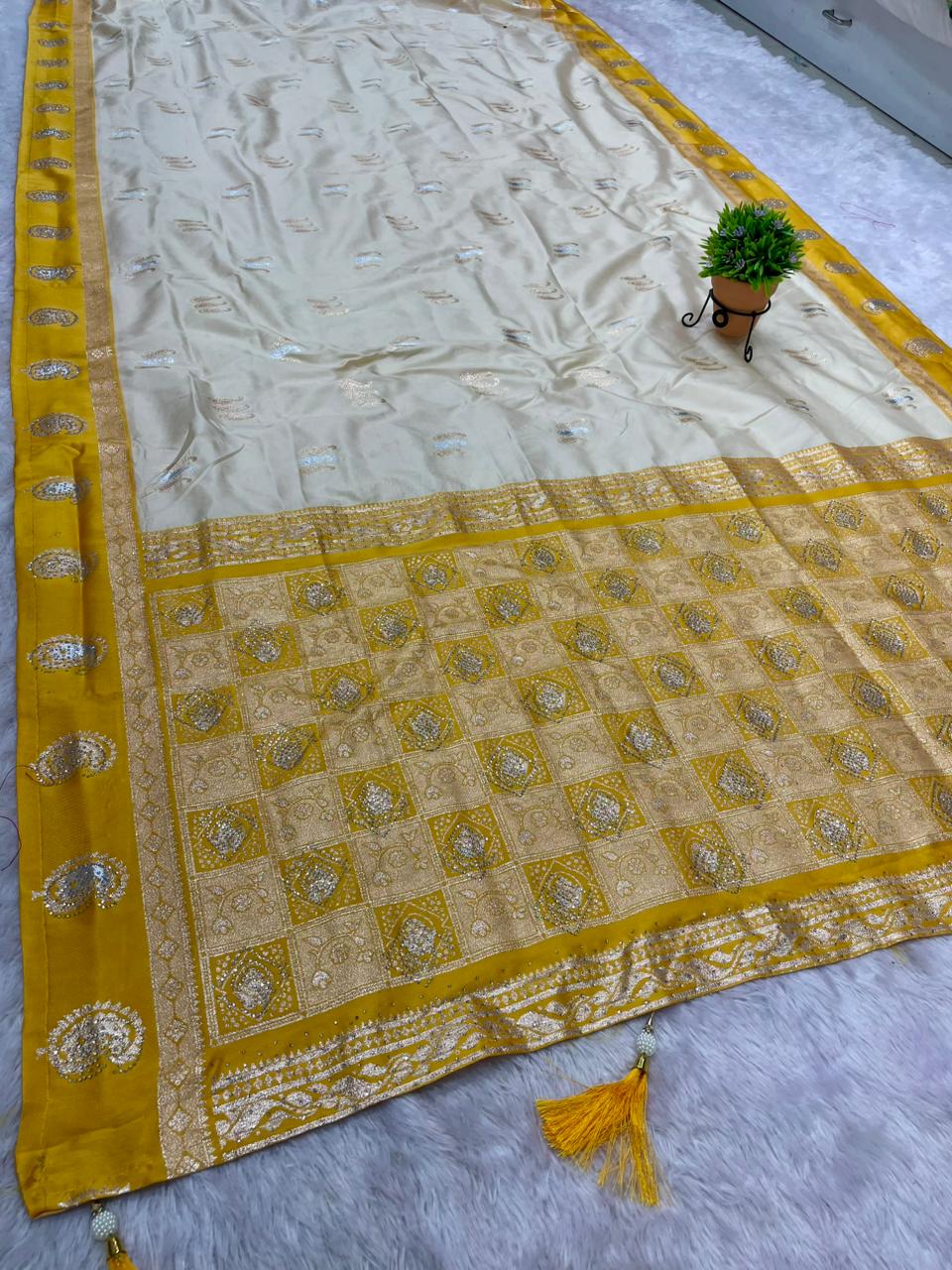 AJ-MANGO BITE SOFT SILK FABRIC SAREE WITH SATIN BORDER WITH RICH PALLU DESIGN WITH DIAMOND WORK WITH WHITE COMMON BODY WITH CONTRAST BORDER AND BLOUSE