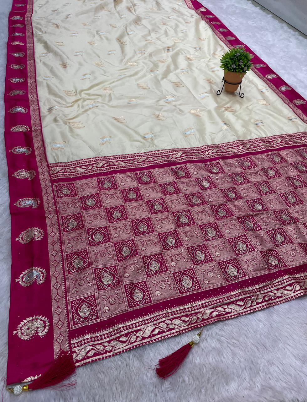 AJ-MANGO BITE SOFT SILK FABRIC SAREE WITH SATIN BORDER WITH RICH PALLU DESIGN WITH DIAMOND WORK WITH WHITE COMMON BODY WITH CONTRAST BORDER AND BLOUSE