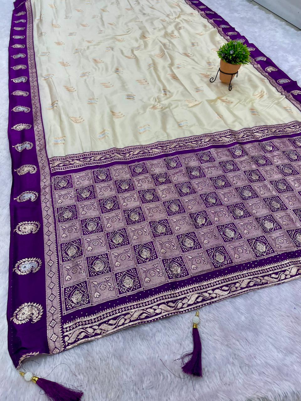 AJ-MANGO BITE SOFT SILK FABRIC SAREE WITH SATIN BORDER WITH RICH PALLU DESIGN WITH DIAMOND WORK WITH WHITE COMMON BODY WITH CONTRAST BORDER AND BLOUSE
