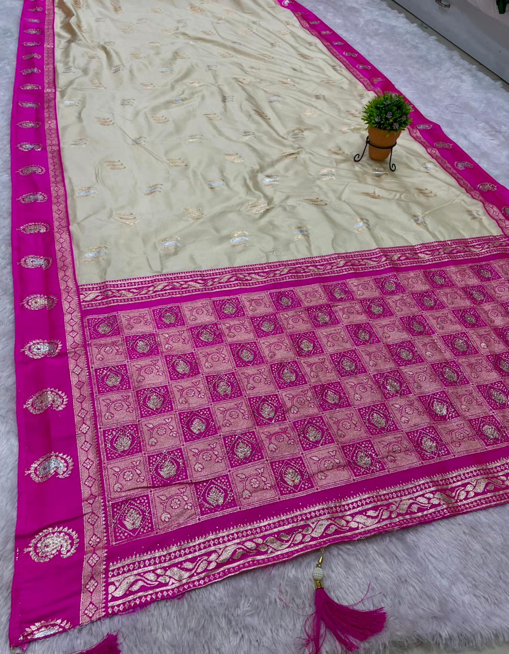 AJ-MANGO BITE SOFT SILK FABRIC SAREE WITH SATIN BORDER WITH RICH PALLU DESIGN WITH DIAMOND WORK WITH WHITE COMMON BODY WITH CONTRAST BORDER AND BLOUSE
