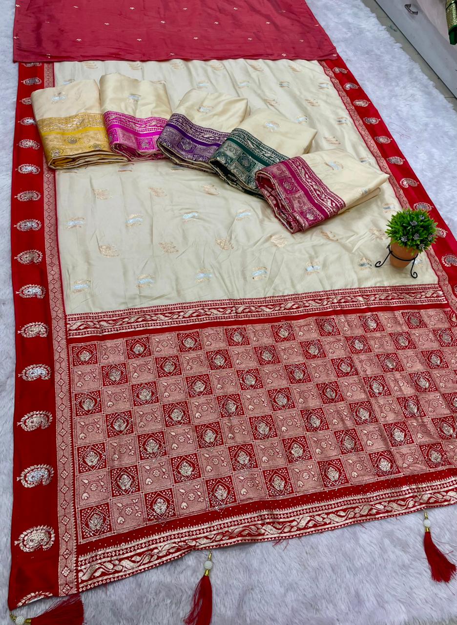 AJ-MANGO BITE SOFT SILK FABRIC SAREE WITH SATIN BORDER WITH RICH PALLU DESIGN WITH DIAMOND WORK WITH WHITE COMMON BODY WITH CONTRAST BORDER AND BLOUSE