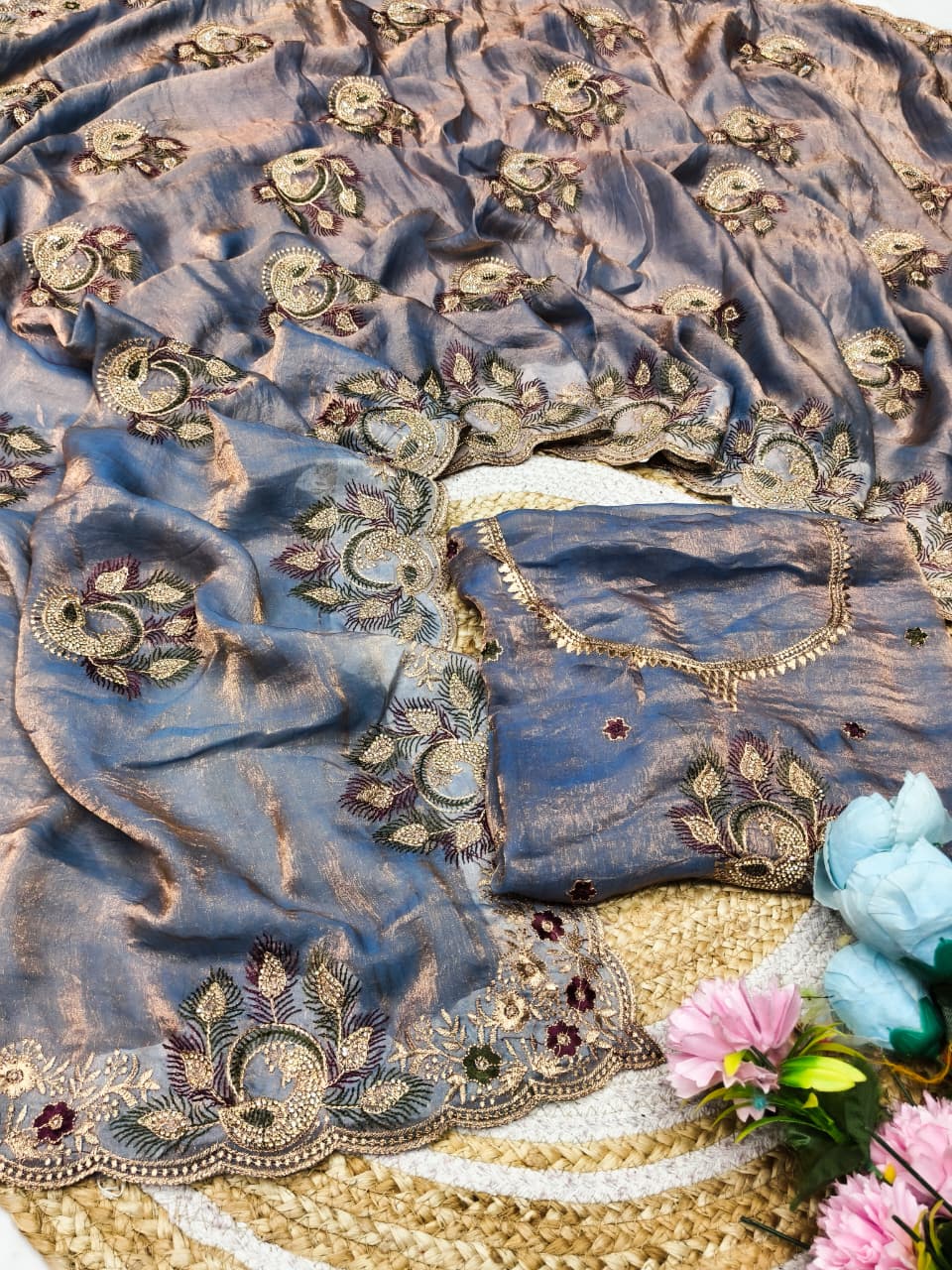 DF-SUMITRA SATIN SILK FABRIC SAREE WITH JARKAN WORK WITH BEAUTIFUL DESIGN WITH HEAVY BLOUSE