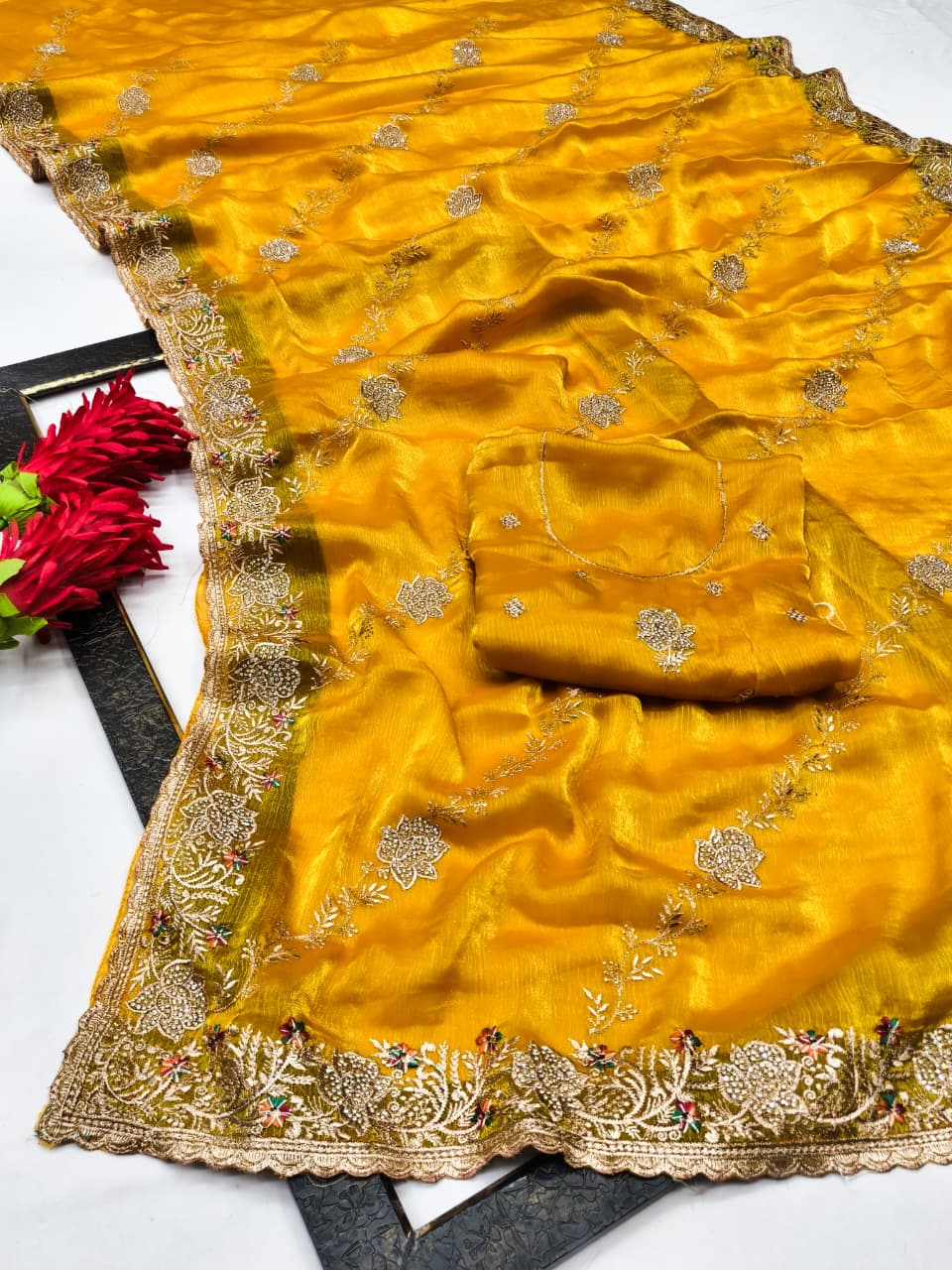 DF-GEMINI SATIN SILK FABRIC SAREE WITH BEAUTIFUL DESIGN WITH HEAVY JARKAN WORK ON SAREE WITH LEHARIYA DESIGN WITH HEAVY WORK BLOUSE