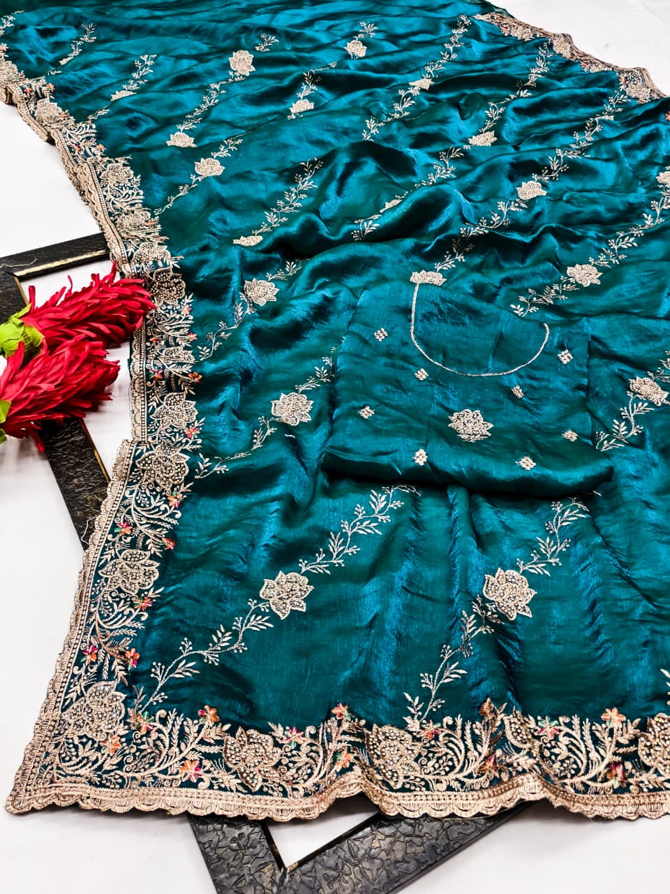 DF-GEMINI SATIN SILK FABRIC SAREE WITH BEAUTIFUL DESIGN WITH HEAVY JARKAN WORK ON SAREE WITH LEHARIYA DESIGN WITH HEAVY WORK BLOUSE