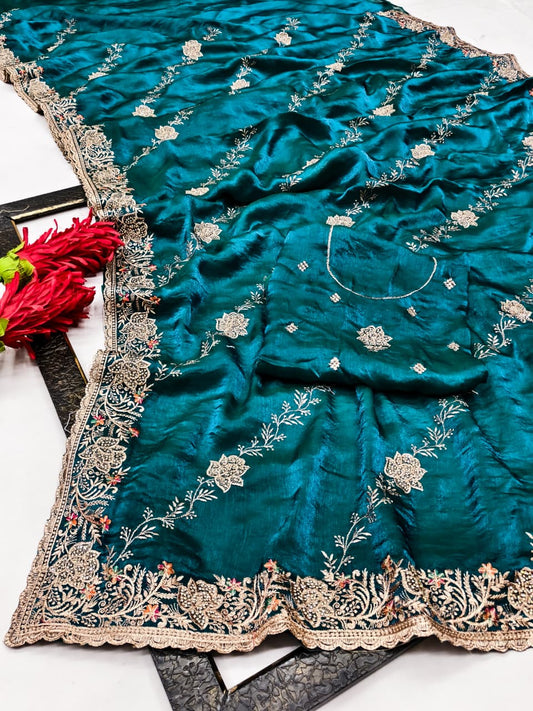 DF-GEMINI SATIN SILK FABRIC SAREE WITH BEAUTIFUL DESIGN WITH HEAVY JARKAN WORK ON SAREE WITH LEHARIYA DESIGN WITH HEAVY WORK BLOUSE