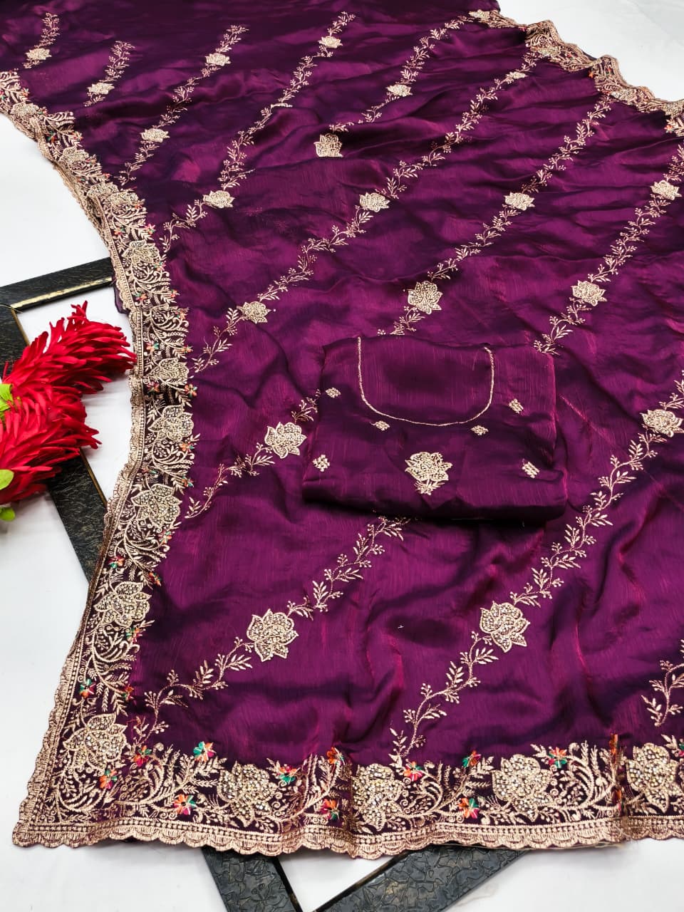 DF-GEMINI SATIN SILK FABRIC SAREE WITH BEAUTIFUL DESIGN WITH HEAVY JARKAN WORK ON SAREE WITH LEHARIYA DESIGN WITH HEAVY WORK BLOUSE