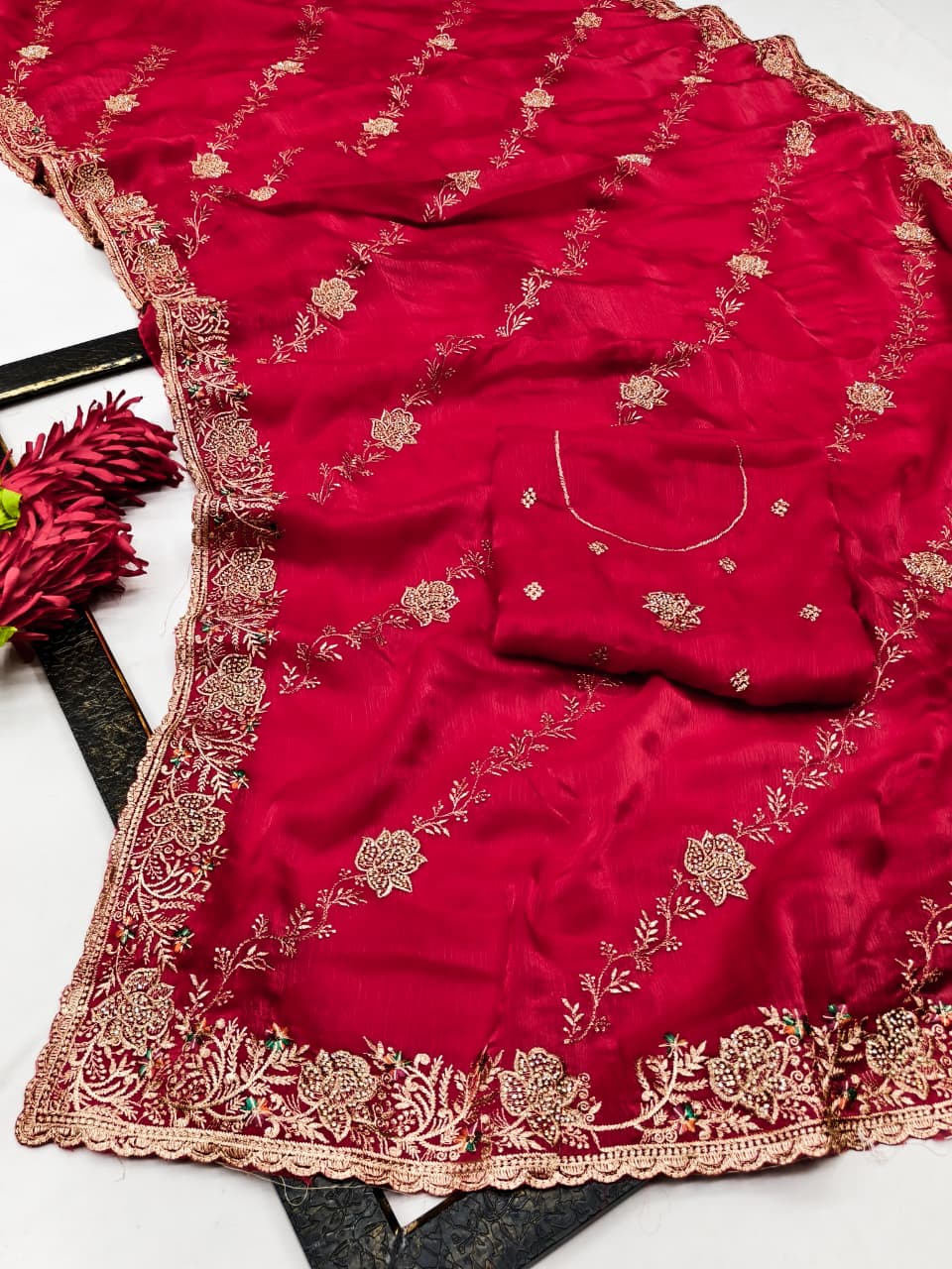DF-GEMINI SATIN SILK FABRIC SAREE WITH BEAUTIFUL DESIGN WITH HEAVY JARKAN WORK ON SAREE WITH LEHARIYA DESIGN WITH HEAVY WORK BLOUSE