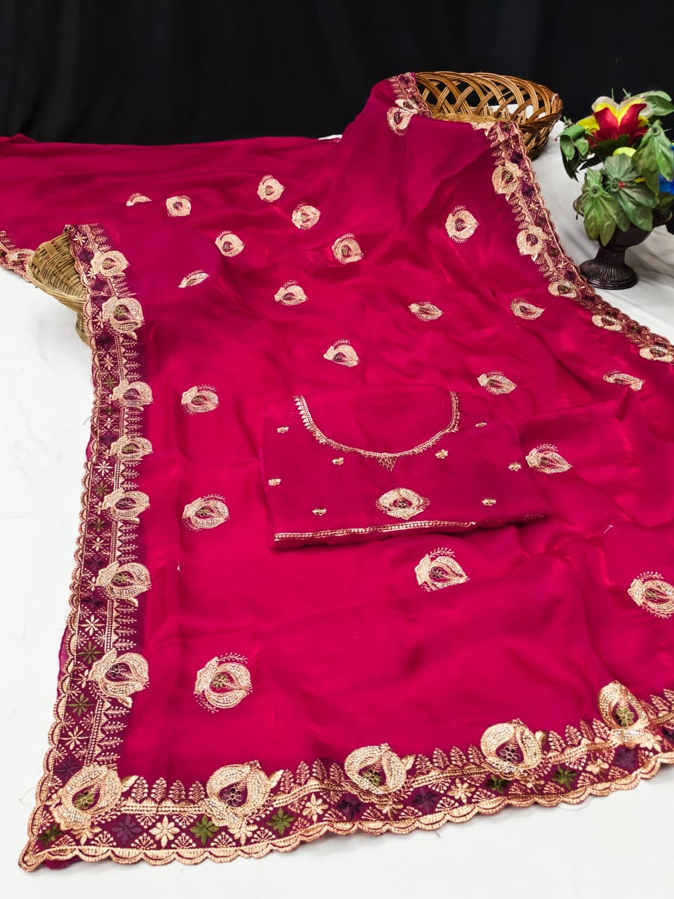 DF-SATYA SATIN SILK FABRIC SAREE WITH HEAVY JARKAN WORK WITH AND JARKAN WORK ON BUTTA WITH HEAVY BLOUSE
