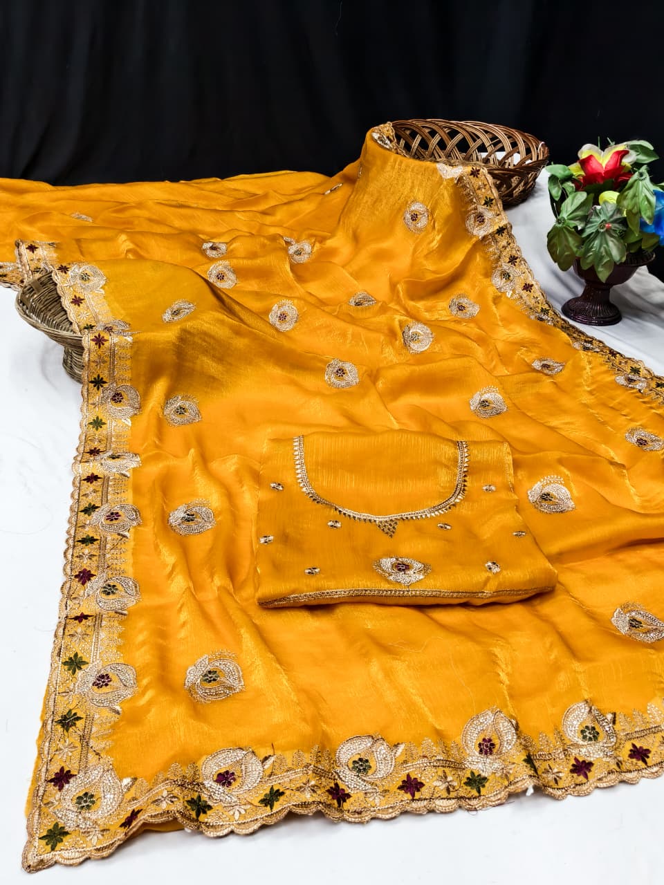 DF-SATYA SATIN SILK FABRIC SAREE WITH HEAVY JARKAN WORK WITH AND JARKAN WORK ON BUTTA WITH HEAVY BLOUSE