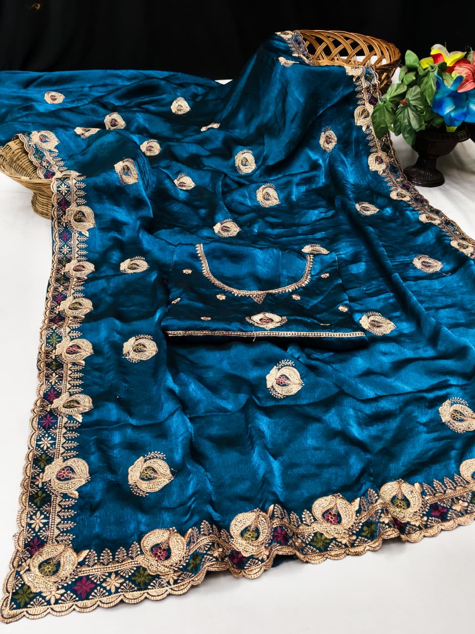 DF-SATYA SATIN SILK FABRIC SAREE WITH HEAVY JARKAN WORK WITH AND JARKAN WORK ON BUTTA WITH HEAVY BLOUSE
