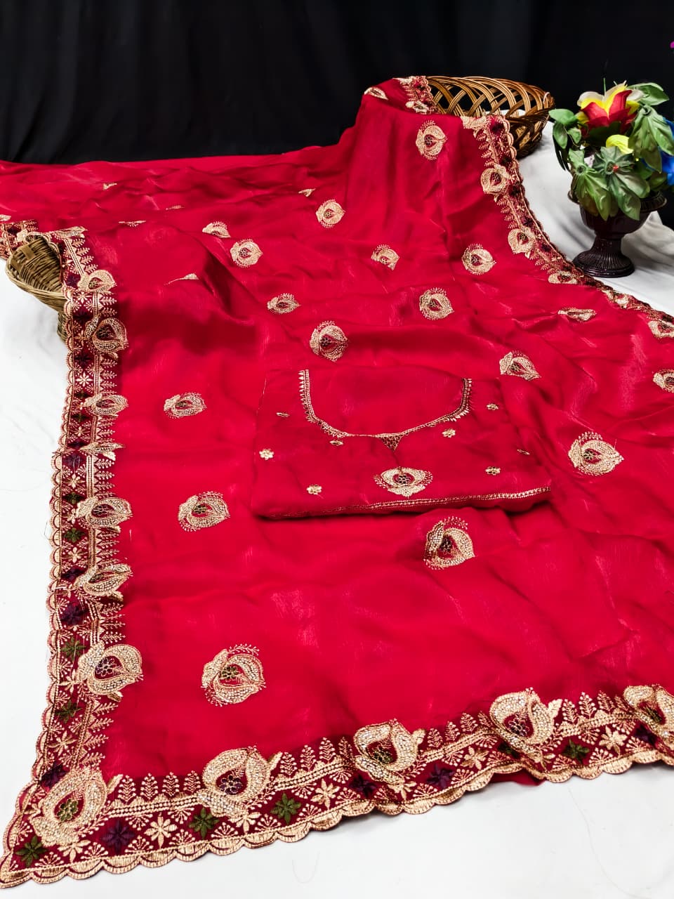 DF-SATYA SATIN SILK FABRIC SAREE WITH HEAVY JARKAN WORK WITH AND JARKAN WORK ON BUTTA WITH HEAVY BLOUSE
