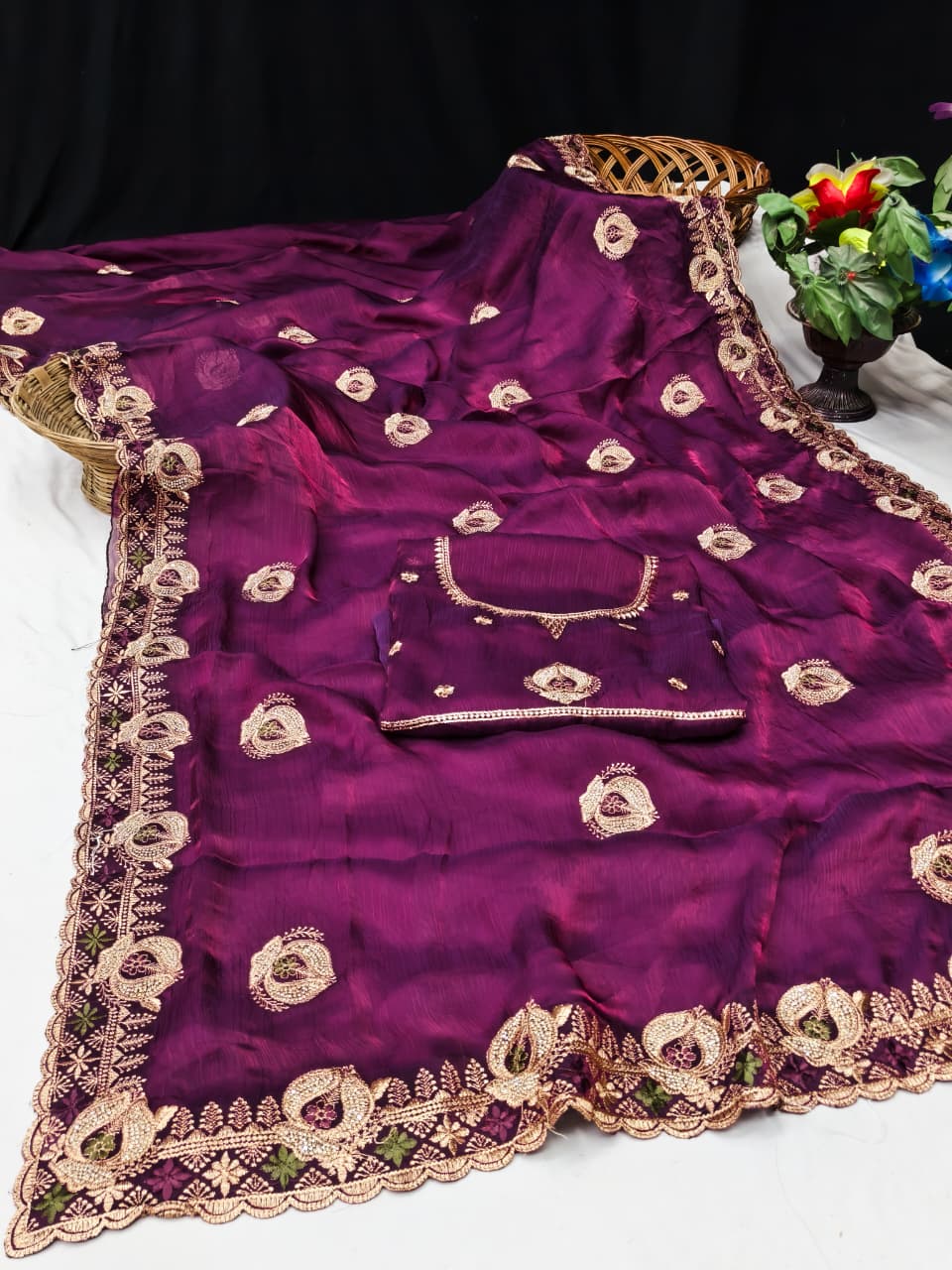 DF-SATYA SATIN SILK FABRIC SAREE WITH HEAVY JARKAN WORK WITH AND JARKAN WORK ON BUTTA WITH HEAVY BLOUSE
