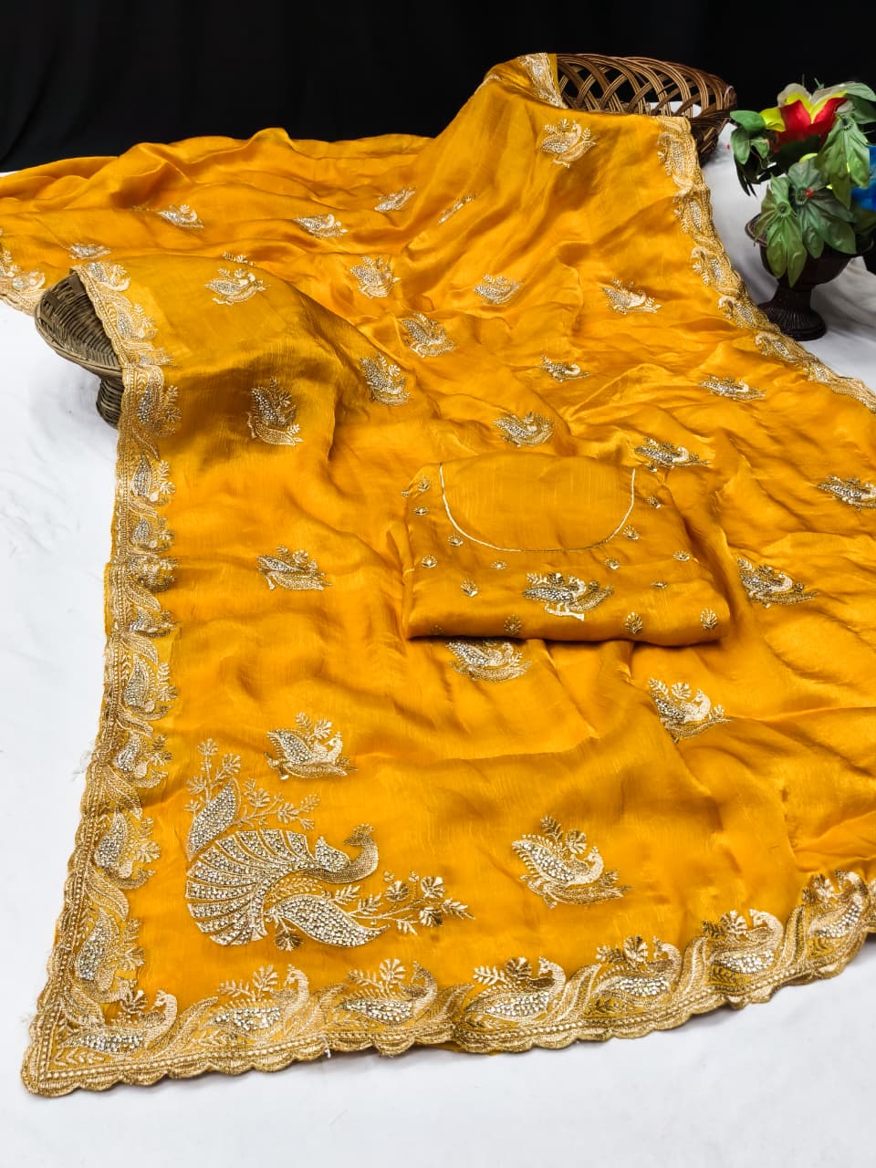 DF-KELVIN SATIN FABRIC SAREE WITH HEAVY JARKAN WORK WITH BEAUTIFUL PEACOCK DESIGN WITH HEAVY BLOUSE