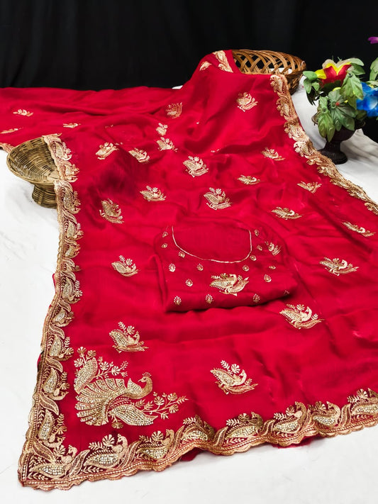 DF-KELVIN SATIN FABRIC SAREE WITH HEAVY JARKAN WORK WITH BEAUTIFUL PEACOCK DESIGN WITH HEAVY BLOUSE