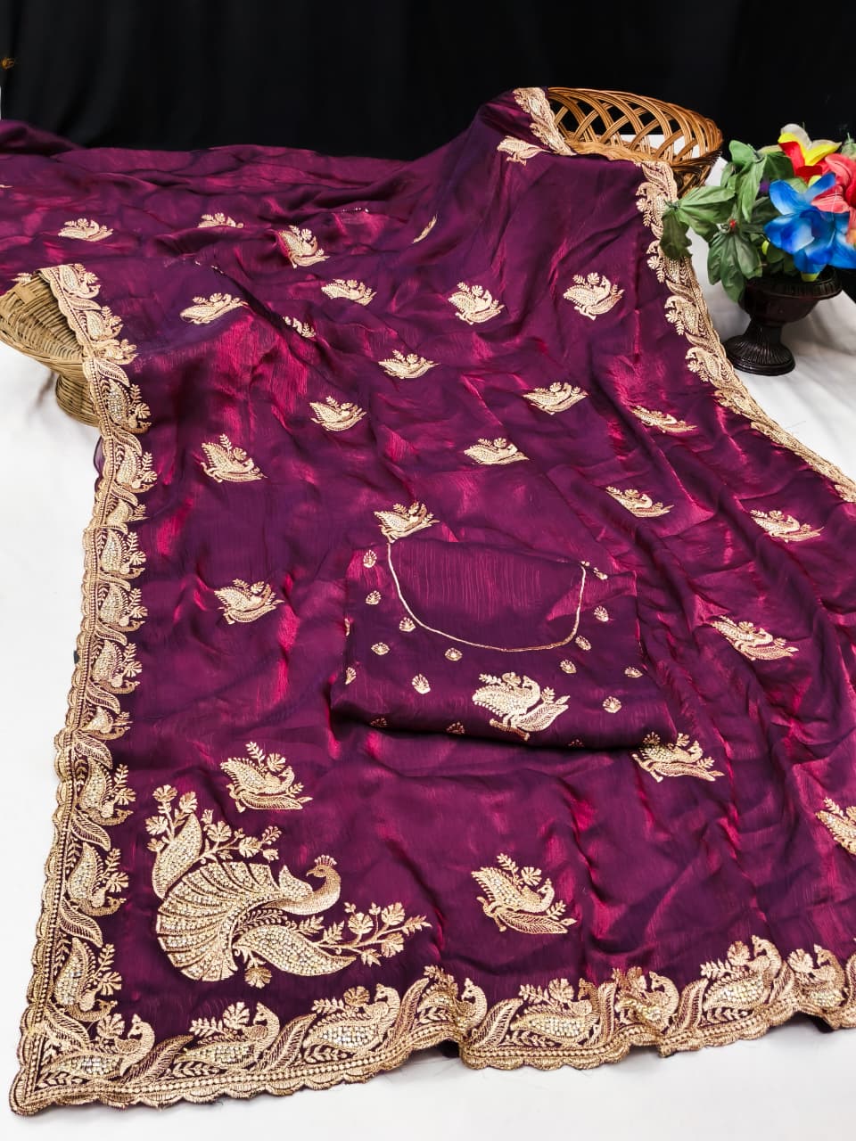 DF-KELVIN SATIN FABRIC SAREE WITH HEAVY JARKAN WORK WITH BEAUTIFUL PEACOCK DESIGN WITH HEAVY BLOUSE